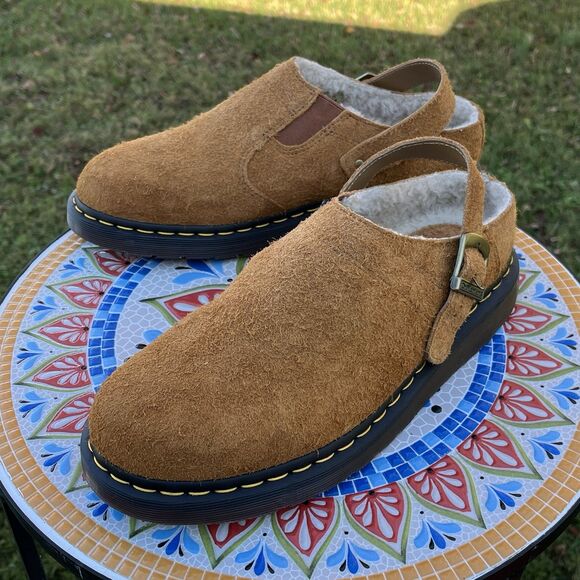 Dr Doc Martens Isham Slingback Mules Mens Sz 11 Faux Shearling Suede Pecan NEW - Picture 1 of 8